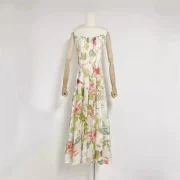 ผู้หญิง ยาวคลุมเข่า เดรส Round Neck Smocking Elastic Waist สั้น Sleeve Holiday Ladies 100% ฝ้าย เสื้อคลุม - Image 3