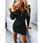 New Fashion สีพื้น ยาว Sleeve Collar สง่างาม ผู้หญิง's ยาว เดรส