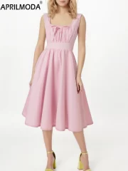 ไร้แขน ฤดูร้อน สีชมพู สั้น Swing ลำลอง พับจีบ เดรส